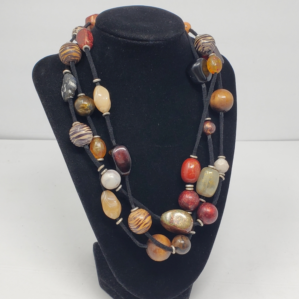 Wooden and stone 60" long beaded string necklace in Great used condition